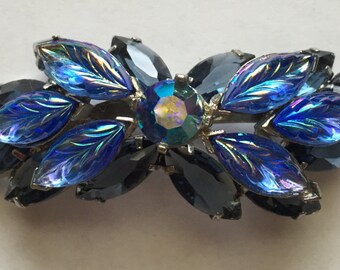 Vintage Blue and Aurora Borealis Leaf Rhinestone Pin Brooch D&E