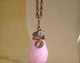Pink Agate Gemstone & Swarovski Briolette Necklace, Pink Agate Necklace, Gemstone Necklace, Brass Necklace, Swarovski Necklace