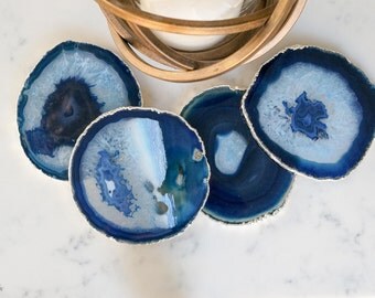 bs01 BLUE agate coasters. blue coasters. dark blue gem coasters. SILVER rim coaster set. home decor