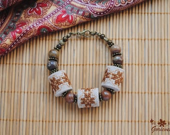 Boho bracelet birthday gift for wife gift for sister jasper bracelet stone jewelry energy bracelet brown boho jewelry embroidered jewelry
