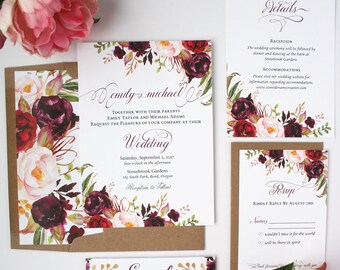 Fall Wedding Invitations - Burgundy & Blush - Wedding Invitations - Rustic Burgundy Script Collection Sample Set