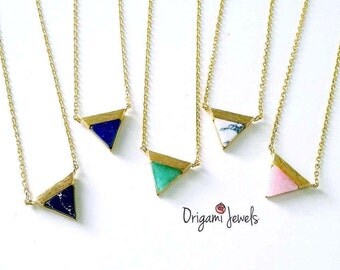 Triangle Gemstone Necklace, pink stone necklace, aquamarine gemstone,marble necklace, stone Jewelry, simple gold necklace, mother's day gift