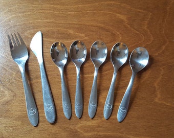 Mid century modern Lufthansa logo flatware set of SEVEN (7) pieces knife fork spoons Made in Germany