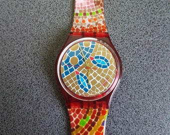 1990 Vintage Swatch Watch, Mosaiques collection. Ravenna. Abstract and Special model of a Swatch Watch