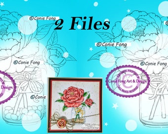 Digital Stamp, Digi Stamp, Digistamp, Conie Fong, peony, flower, Spring, Jar, Coloring Page, birthday, mother's day, get well