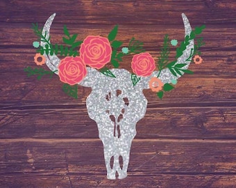 Glitter Floral Cow Skull Decal | Yeti Decal | Car Decal | Glitter Decal | Girly Decal | Rustic Decal | Birthday Gift | Bridesmaid Gift