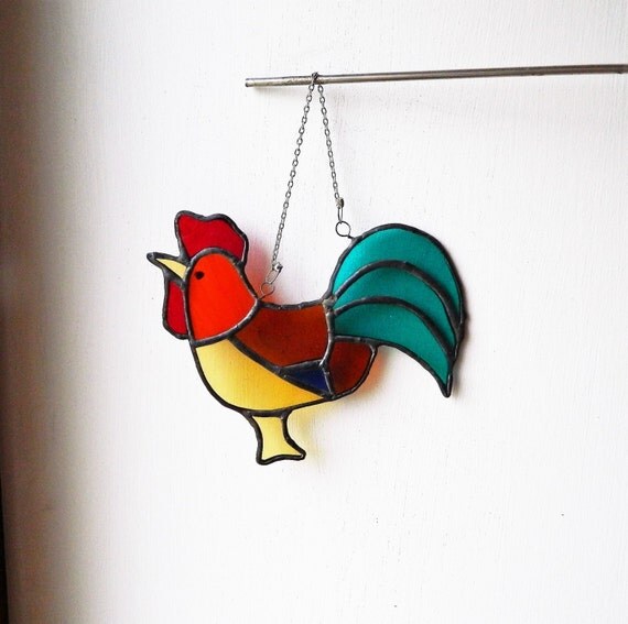 Rooster lover Chicken art stained glass decor window
