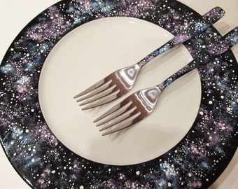 Wedding forks and plate Galaxy Wedding Fork Set Wedding Cake Accessories Bride Forks Hand Painted Wedding Set Forks and Plate Galaxy Wedding