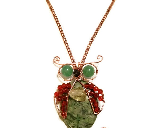 Gemstone and Copper Owl Pendant. Wire Wrapped Laguna Lace Agate Necklace. Carnelian Necklace. Citrine Pendant, FREE US 1st Class Shipping.