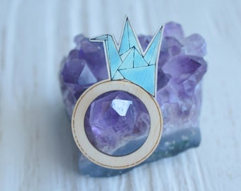 Wooden Ring, Cute Wooden Ring, Hand Painted, Laser Engraved Ring, Origami Ring, Crane Ring