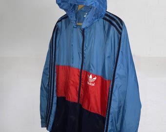 Rare Vintage 80s Adidas Trefoil Shiny Nylon Windbreaker jacket Color Block Navy Blue/ Light Blue/Red Hip Hop Rap Style Size L