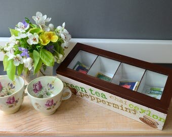 Wood tea box, tea organizer chest, tea bag holder, decorative tea break storage box with glass and compartments, hostess christmas gift idea