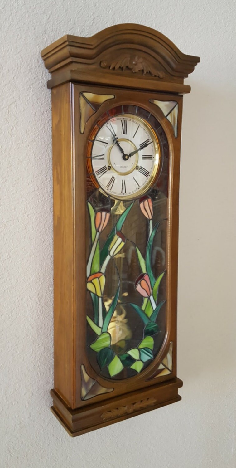 Vintage Chiming Wall Clock with Heirloom Quality Stained Glass