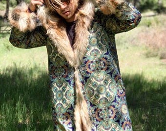 NEW! Sultan Tales Festival Faux Fur Coat Reversible Bohemian Tribal Fashion Clothing Coat Jacket Party Men's Fur Traditional