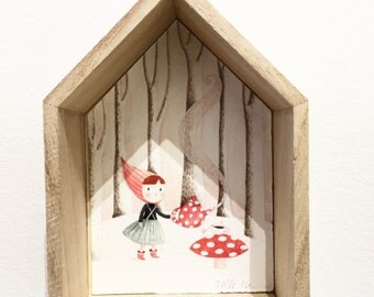Illustration encadrée-cadre maison-Aquarelle-tirage d'art-décoration chambre d'enfants -petite maison-chaperon rouge-champignon-forêt-bois