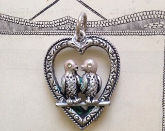Silvertone enamel vintage lovebirds pendant