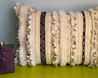 Vintage Handira Berber Cushion cover - Wool and sequins - handmade