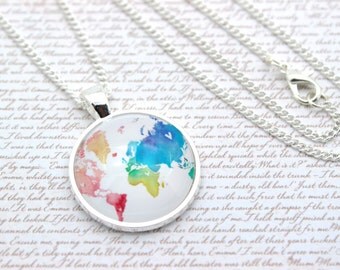 Rainbow World Map Necklace, Travel Necklace or Keychain, Keyring