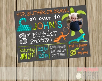Reptile Birthday Invitation, Snakes, Lizards Invite, 5x7 digital printable, blue, orange, green