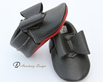 Baby Moccasins Leather Louboutin Inspired Black Baby Moccasins, Red Sole Moccasins, Baby Girl Moccasins, Baby Girl Shoes, Baby Moccs