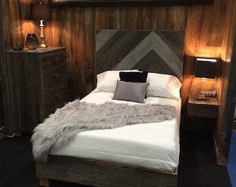 Reclaimed Wood Bed, Farmhouse Bed, Chevron Headboard, Farmhouse Decor, Reclaimed Wood Headboard, Rustic Bed Frame, Rustic Bedroom Decor