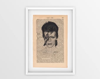 David Bowie printed on an old page, vintage print of David Bowie a page from 1877, Gothic font on yellow page, Aladdin Sane printed