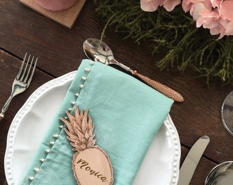 Pineapple wedding place card Rustic wood reception escort card, Engraved or blank dinner seating card, Hawaiian accent pineapple escort card