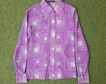 70s Dress Shirt, Slim Fit, Geometric Print, Abstract Print, Long Sleeve, Button Up, Size Small, Festival, Stranger Things, Purple and White