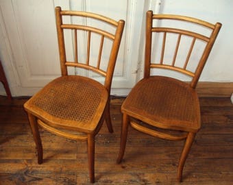 Set B, 2 wood bentwood seat THONET chairs perforated, embossed/engraved, caning in relief, bistro, retro decor, vintage