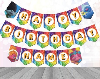 Trolls Party Supplies Bunting customizable Digital Download Printable Trolls Birthday
