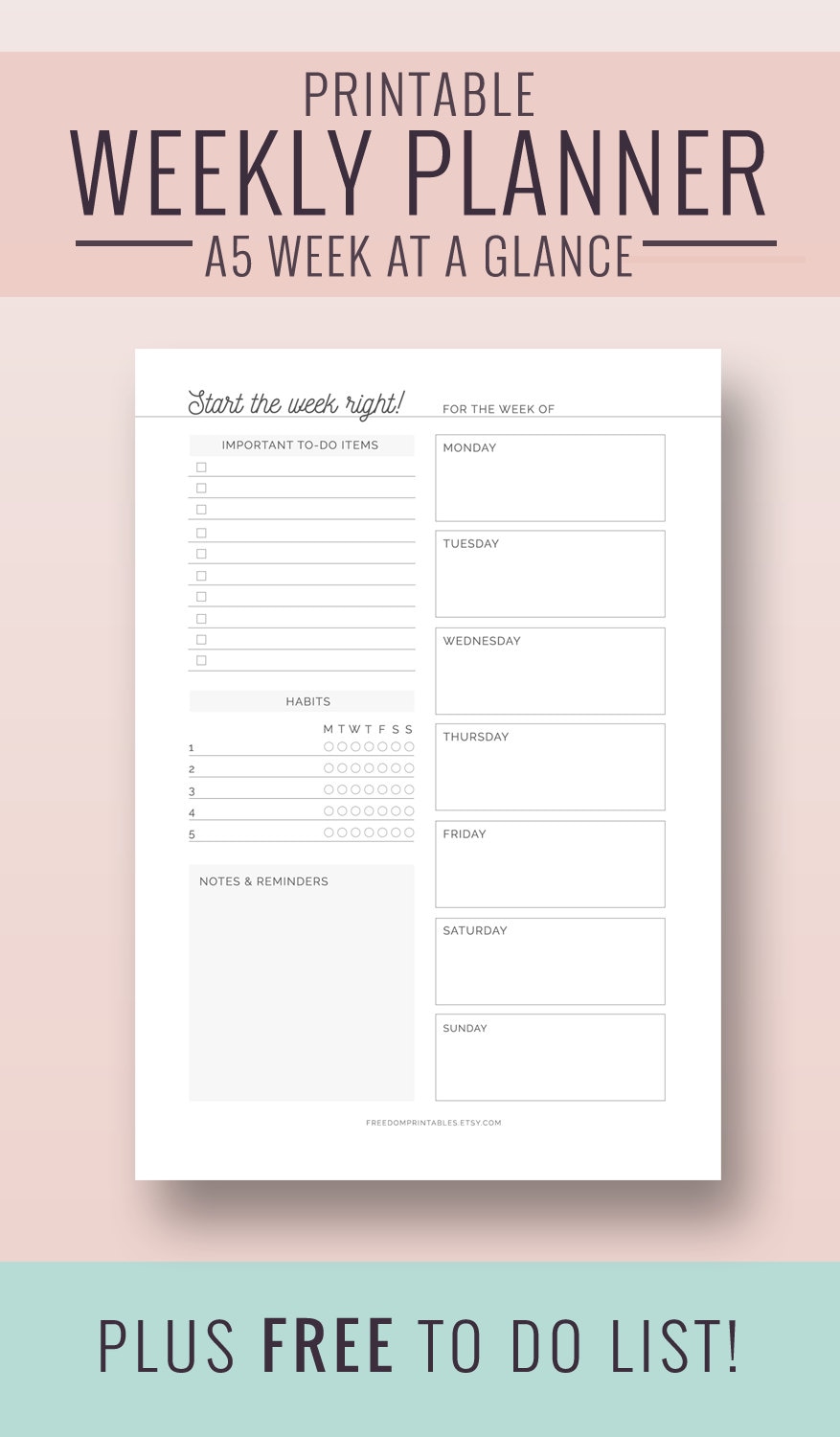 2017 Weekly Planner Printable A5 Inserts A5 by FreedomPrintables