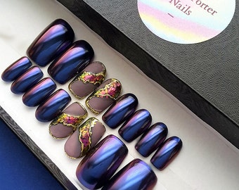 READY-TO-WEAR | Galactic Geode | Chrome | Blue | Purple | Shiny | Gold Foil | Gray | Matte | Square Press-on Nails