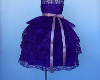 Purple Sleeveless Lace Ruffle Dusty Rose Belt Flower Girl Gown Wedding Bridesmaid Recital Elegant Cottage Valentines Summer Winter Junior