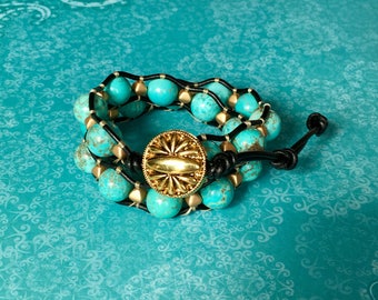 Wrap Bracelet, Turqoiuse Wrap Bracelet, Leather Wrap Bracelet, Beaded Wrap Bracelet, Beaded Bracelet, Leather Wrap, YoungBeadsCrafts