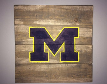 U of M Wood Wall Art Decor, University of Michigan, Wolverines, Michigan, Hand Made, Shabby Chic, Distressed, Rustic Wood Wall Decor, Art