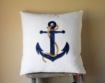 Blue Anchor Pillows, Blue Anchor Cushions, Nautical Pillows, Nautical Throw Pillows, Nautical Decor, Embroidered Blue Anchor with Gold Rope