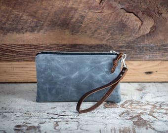Waxed Canvas Zipper Pouch, Wristlet, Waxed Canvas Clutch Bag, Canvas Pouch, Canvas and Leather Zipper Pouch, Leather Strap, Slate Gray
