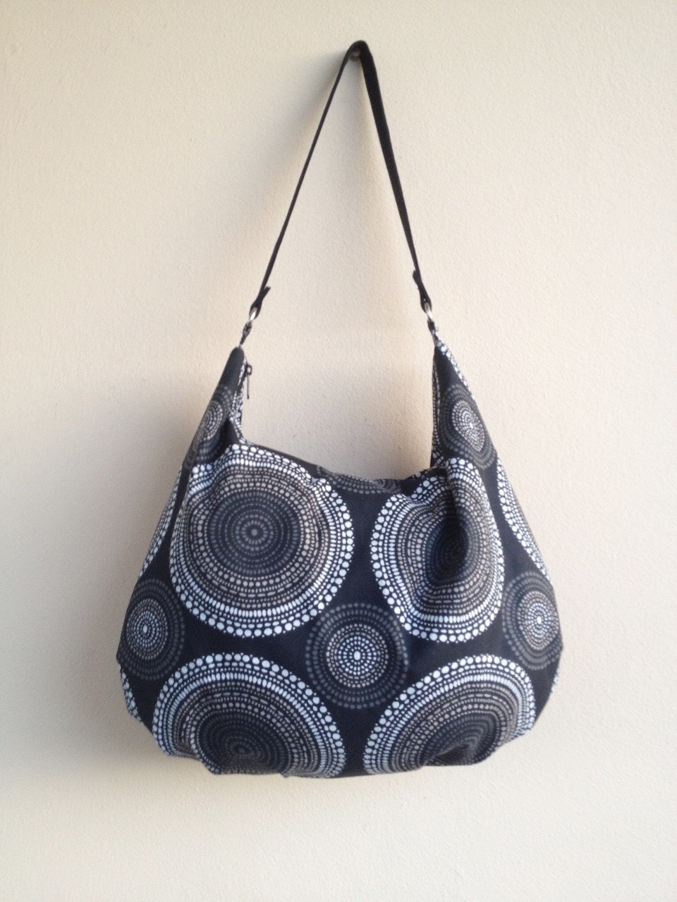 Black Hobo Bag Canvas Hobo Bag Printed Fabric by NormasBagBoutique