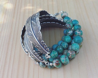 silver feather bracelet with gemstone beads | gold feather bracelet | gunmetal feather bracelet | gift for her | Graduation