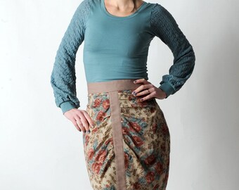 Floral pencil skirt, High waisted beige blue red floral skirt, Womens floral pleated skirt, Womens clothing, Womens skirts, MALAM