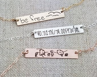Personalized Bar Necklace - Mothers Day Gift - Custom Handwriting Necklace - Kids Drawing - Personalized Bar Necklace - Gold Bar Necklace