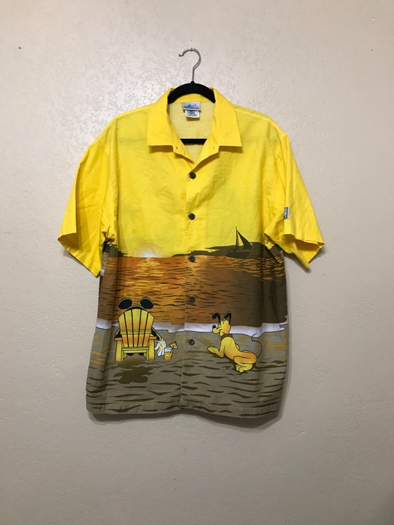vintage Mens Disney hawaiian shirt. yellow hawaiian shirt.