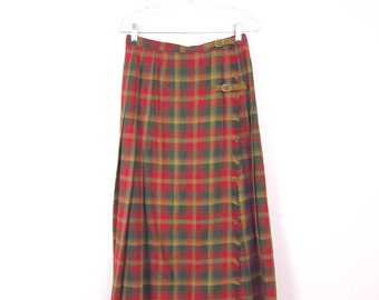 1970s Pendleton Wrap Tartan Red & Green Plaid Long Wool Skirt L