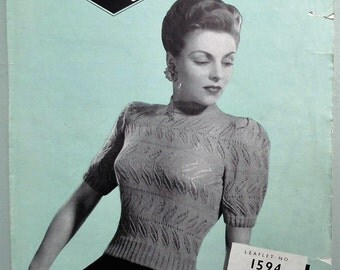 Vintage Knitting Pattern 1940s Women's Jumper Sweater lacy leaf design 40s original pattern Copley's No. 1594 UK WW2 WWII Second World War