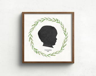custom silhouette print with botanical wreath, silhouette portrait, gift for mom, mothers day gift, rustic art, custom farmhouse art