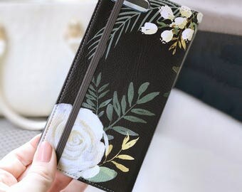 Floral iPhone 7 Plus Wallet Case Watercolor White Roses on Black, iPhone 6S Plus Womens Wallet, iPhone 7 Card Case