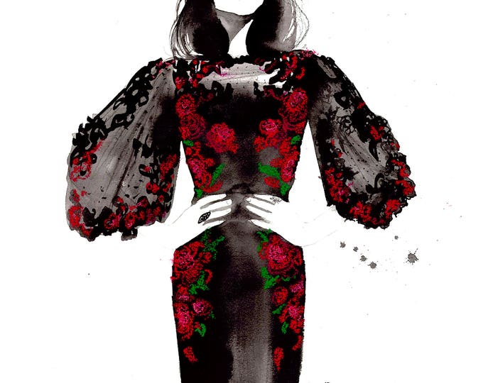 All Rose, print from original watercolor and pastel fashion illustration by Jessica Durrant