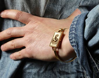 Unicorn Locket Bracelet Vintage, Corday Perfume Pendant, Unique Locket Cuff, Unicorn Bangle Secret Compartment