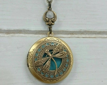 Tiffany Dragonfly Locket Necklace - antique brass locket.
