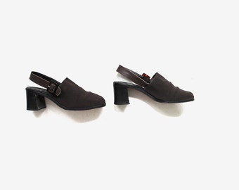 Vintage Brown Mules 6.5 / Slingback Mules / Chunk Heel Mules / Minimal Shoes / Slingback Heels